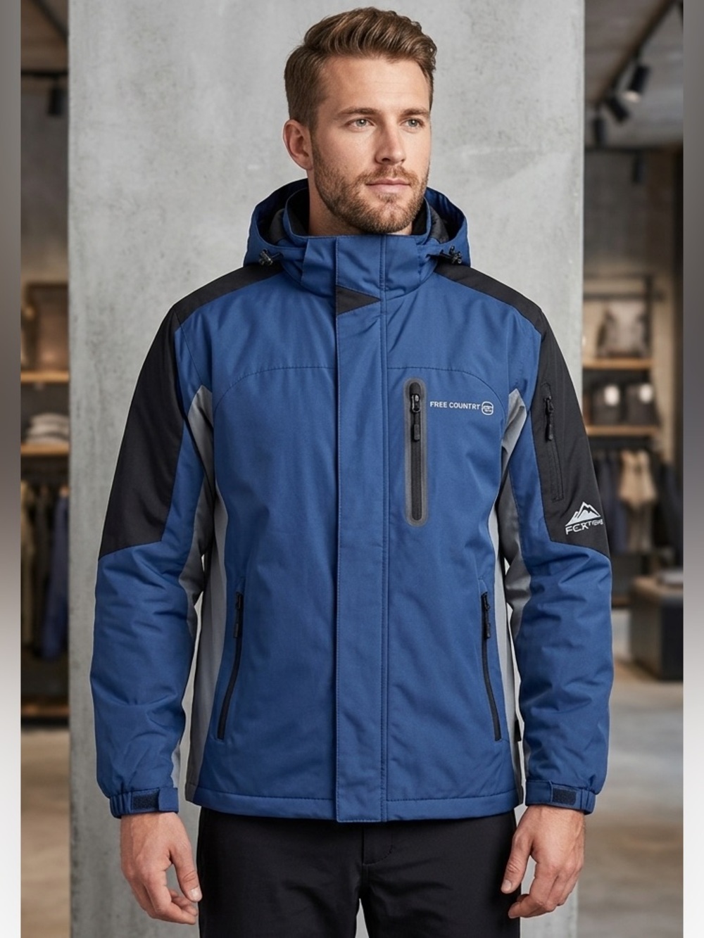 FREE COUNTRY Men’s small Ski Snowboard Jacket Blue Black Gray FCXtreme Hood